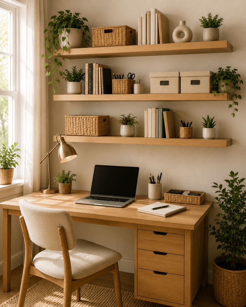 Organized small home office with three wooden floating shelves holding storage baskets, books, boxes, office supplies and plants above a clutter-free desk.