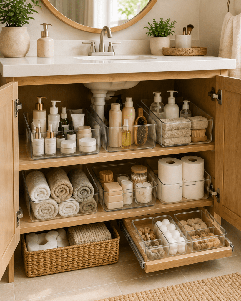 Organized bathroom vanity cabinet with clear storage bins holding skincare, toiletries, rolled towels, soaps, bathroom essentials, and neatly stored toilet paper.