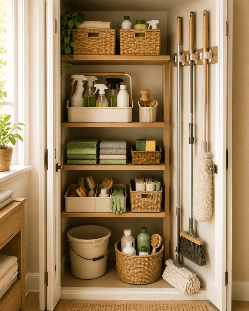 Organized cleaning supply closet with woven baskets, cleaning sprays, microfiber cloths, brushes, gloves, bucket, and wall-mounted broom and mop holders.