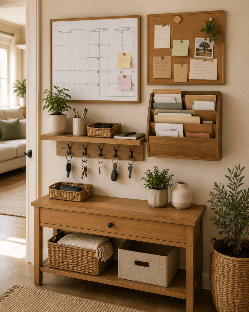Organized family command center with a wall calendar, corkboard, mail sorter, key hooks, small shelf, storage baskets, console table, and greenery.
