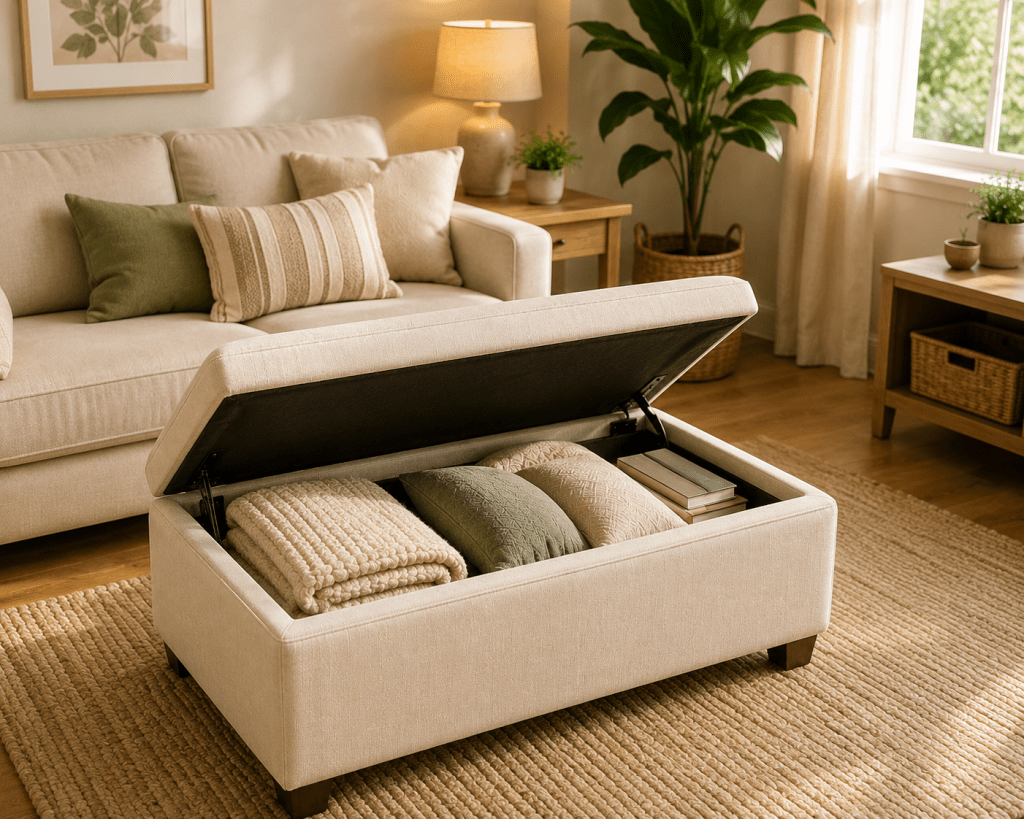 Cozy organized living room with an open cream storage ottoman holding folded blankets, cushions and books, surrounded by neutral furniture and greenery.