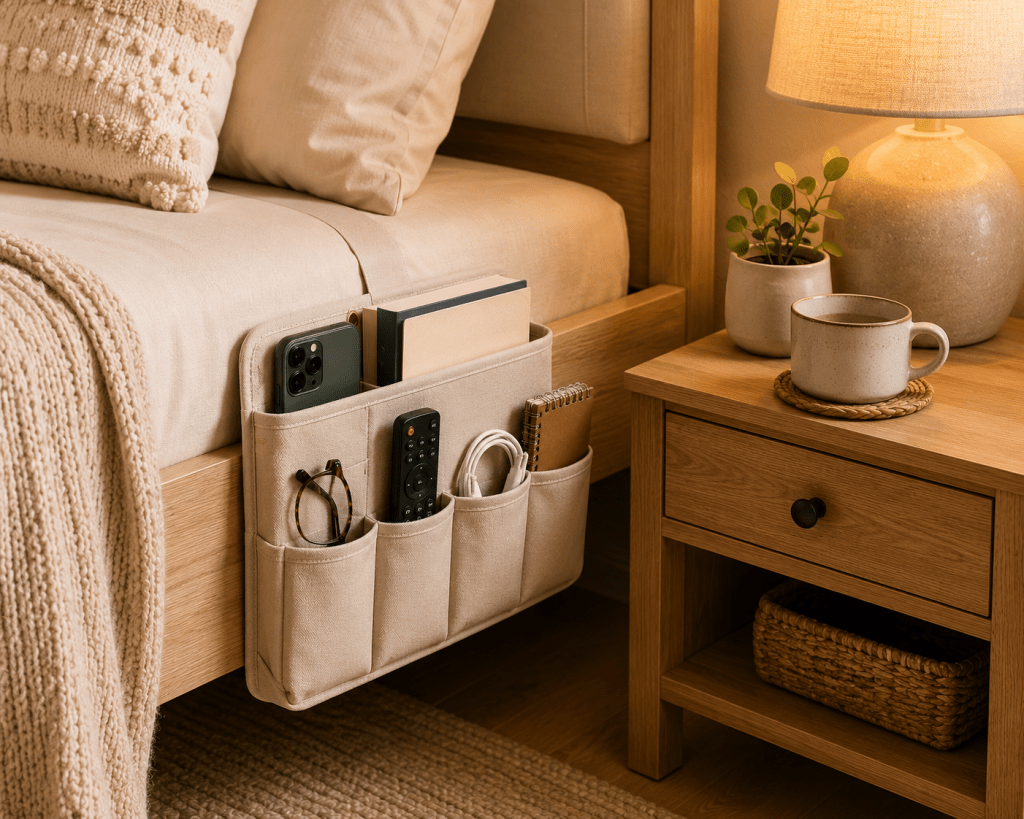Cozy bedroom with a fabric bedside caddy organizing a phone, book, reading glasses, remote control, charging cable and notebook beside an uncluttered wooden nightstand.