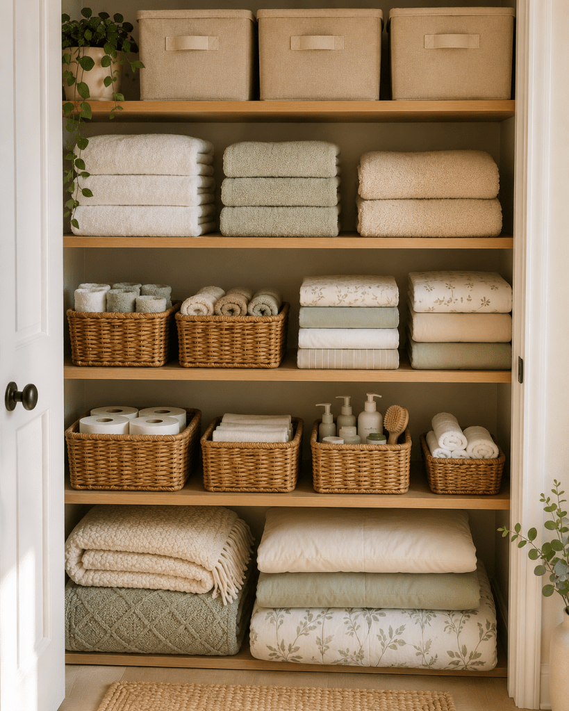 Organized linen closet with neatly folded towels, sheet sets, blankets, woven storage baskets, fabric storage boxes, rolled washcloths, and neutral shelf organizers.