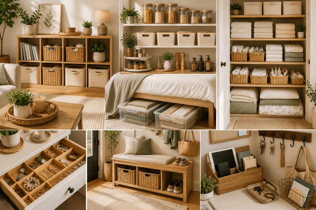 Home organization ideas featuring storage baskets, organized shelves, under-bed storage, a tidy linen closet, drawer organizers, and an organized entryway.