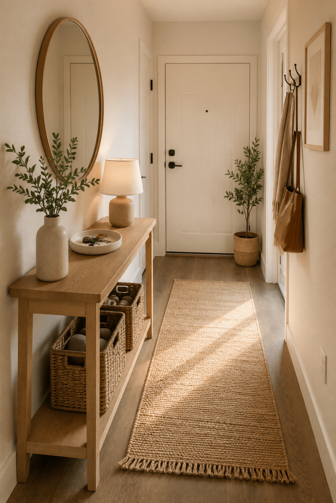Small organized entryway with a slim wooden console table, round mirror, woven storage baskets, key tray, greenery and a neutral runner rug.