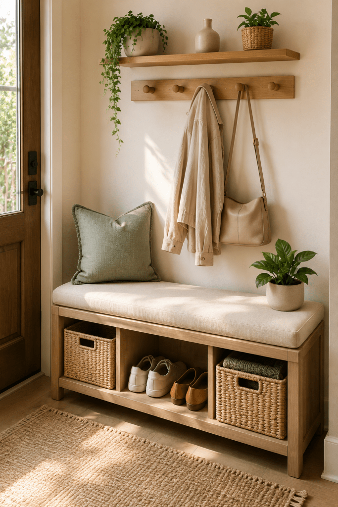 Small stylish entryway with a light wood storage bench, cream seat cushion, woven baskets, organized shoes, wall hooks, handbag, jacket, floating shelf and greenery.