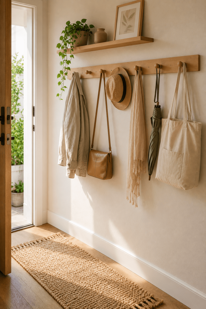Small entryway using vertical wall storage with a wooden peg rail, hooks for a jacket, handbag, hat, scarf, umbrella and tote bag, plus a floating shelf and greenery.