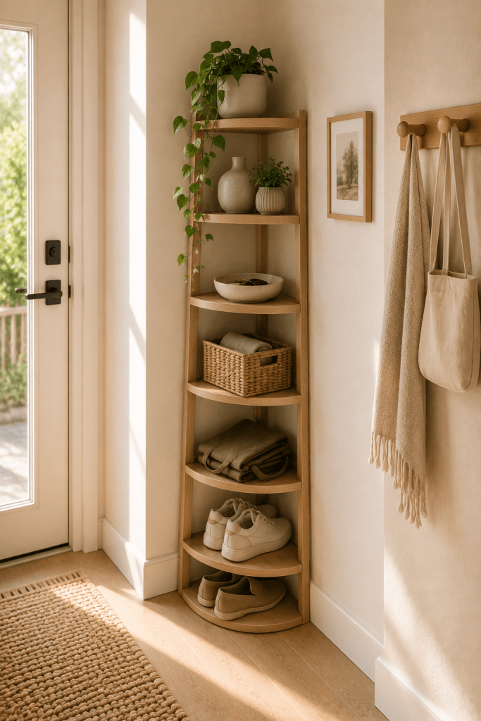 Small entryway corner with a tall narrow wooden corner shelf organizing shoes, a woven basket, reusable bags, key tray, decorative vase and trailing greenery.
