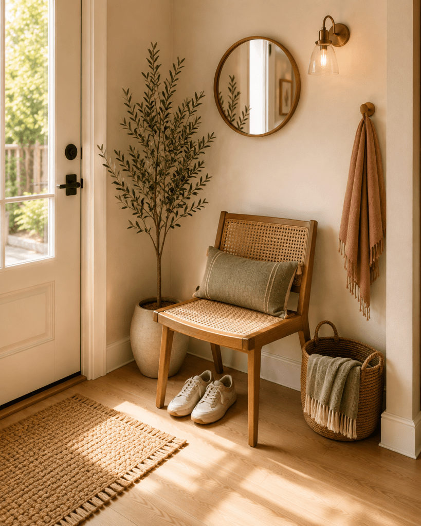 Cozy small entryway corner with a slim cane accent chair, round mirror, wall sconce, woven basket, greenery, shoes and warm neutral decor.