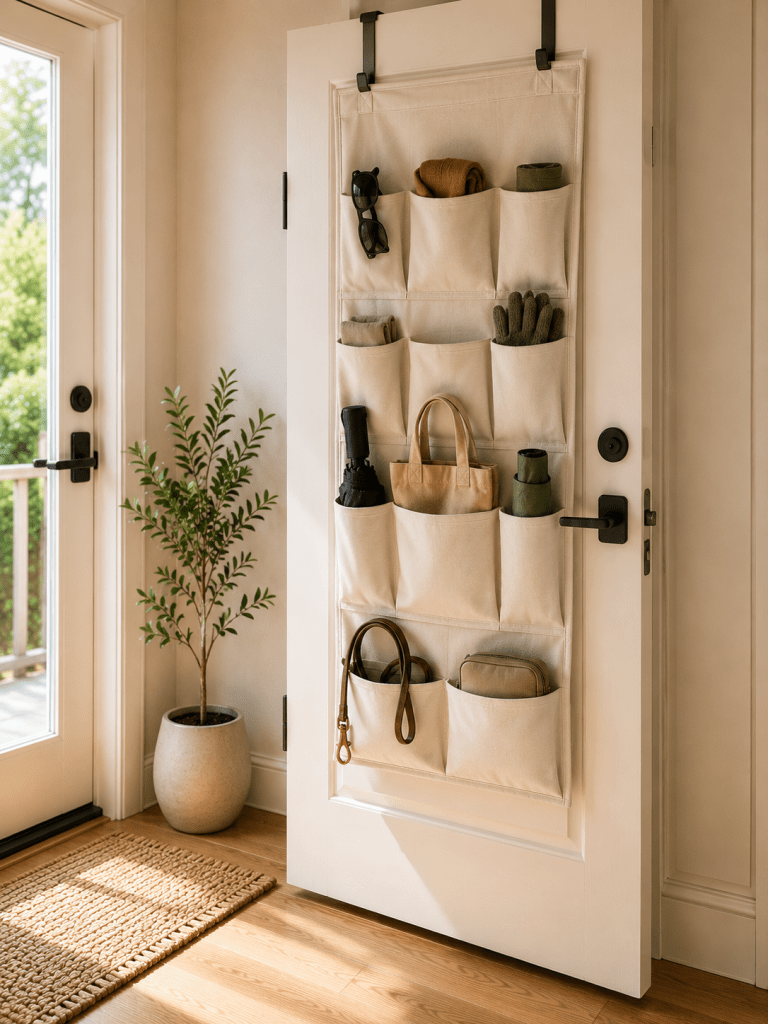 Small entryway with a neutral over-the-door organizer storing sunglasses, scarves, gloves, umbrellas, reusable bags, a dog leash and everyday accessories.