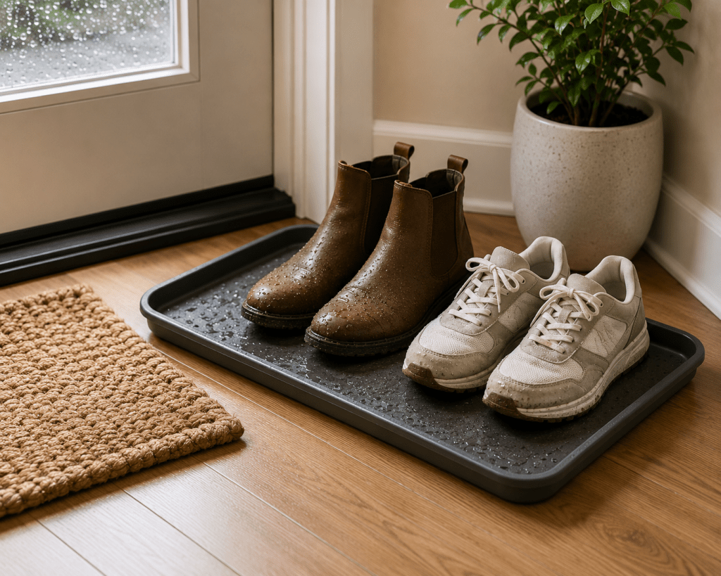 Small rainy-day entryway with a waterproof boot tray holding wet ankle boots and sneakers beside an absorbent doormat on clean wooden flooring.