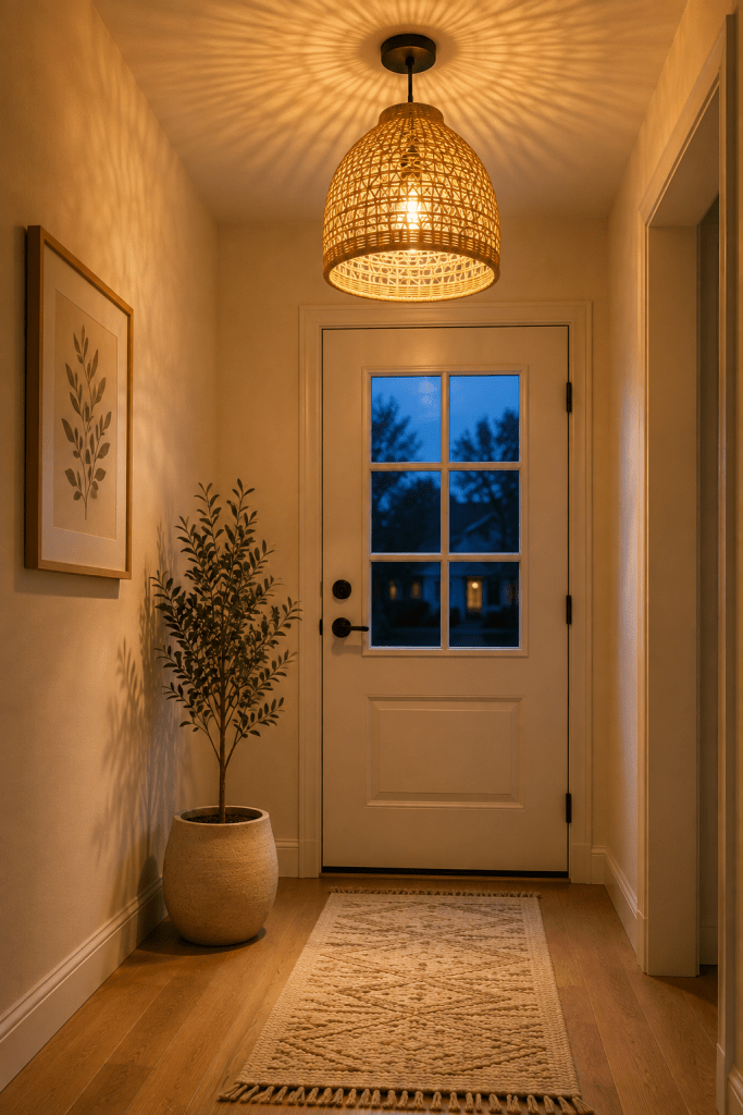 Cozy small entryway illuminated by a woven rattan pendant light with warm golden lighting, neutral runner rug, botanical artwork and potted greenery at dusk.