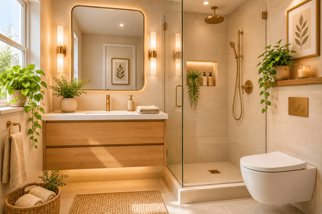 Bright small bathroom with a floating wood vanity, oversized mirror, frameless glass shower, neutral colors, greenery, and natural daylight.