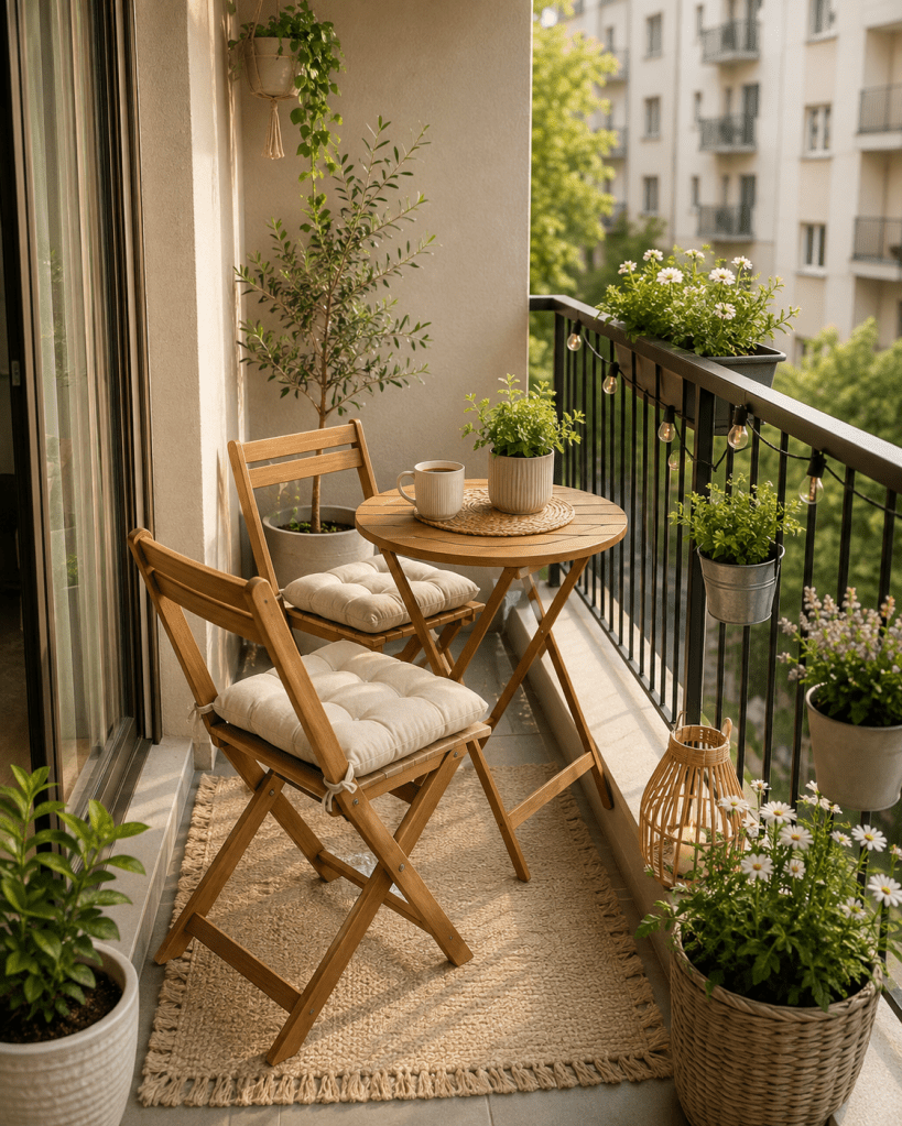 Cozy small apartment balcony with compact wooden bistro furniture, cream cushions, potted plants, outdoor rug, string lights, and warm natural sunlight.