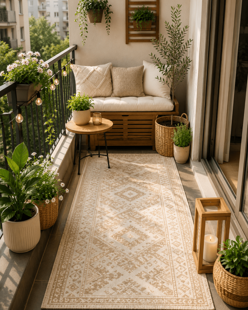 Cozy narrow apartment balcony with a cream patterned outdoor rug, cushioned wooden bench, small side table, potted plants, and warm natural sunlight.