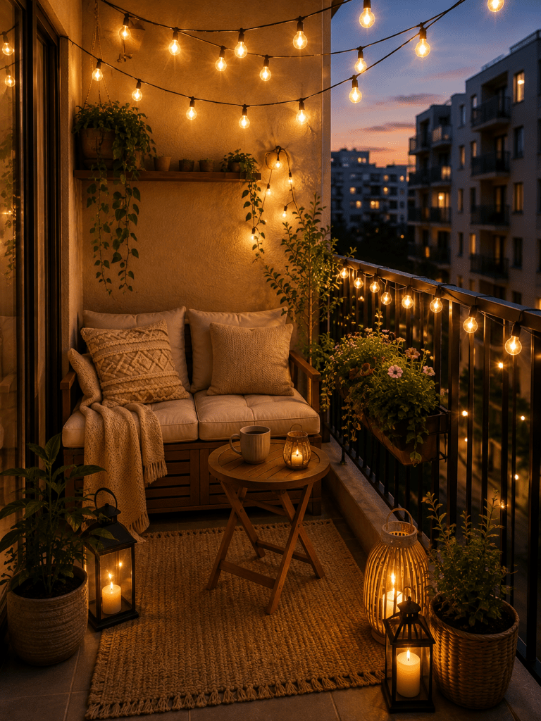 Cozy small apartment balcony at dusk with warm string lights, cushioned seating, lanterns, potted plants, outdoor rug, and a glowing city view.