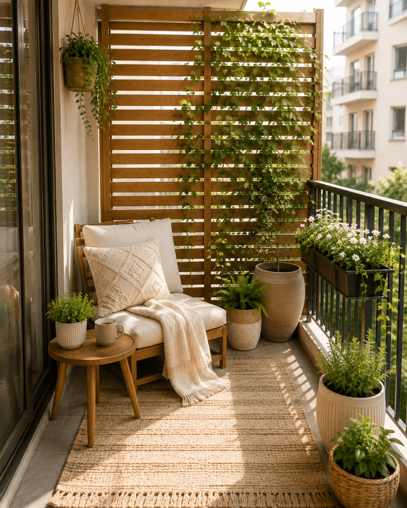 Cozy small apartment balcony with a wooden slatted privacy screen, climbing greenery, cushioned lounge chair, neutral outdoor rug, and potted plants.