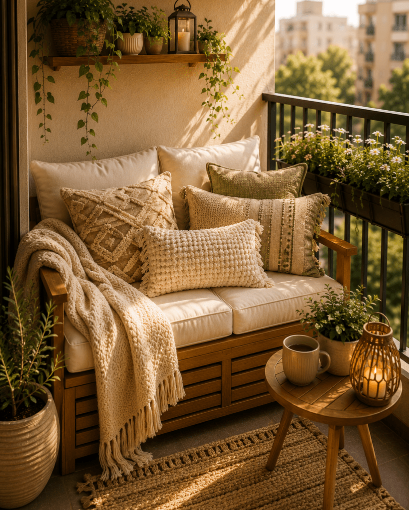 Cozy small balcony seating area with cream cushions, textured neutral pillows, knitted throw, wooden loveseat, greenery, and warm afternoon sunlight.