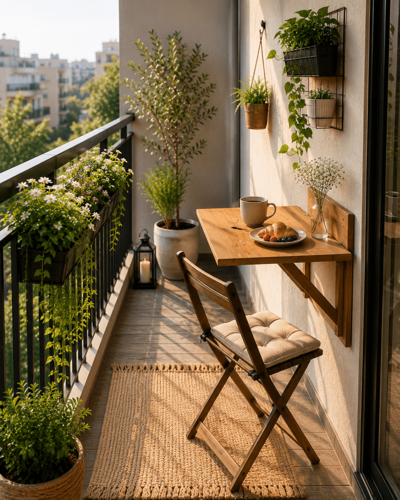 Small sunny apartment balcony with a wall-mounted fold-down wooden table, folding chair, breakfast setting, hanging plants, and open floor space.