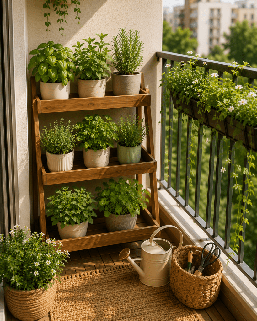 Small sunny apartment balcony with a three-tier wooden herb garden filled with basil, mint, rosemary, parsley, thyme, and other fresh herbs.