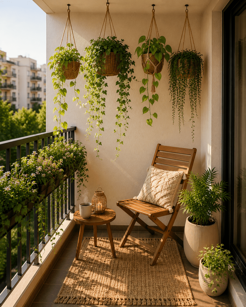 Small sunny apartment balcony with woven hanging planters filled with cascading green plants, a wooden chair, tiny side table, and neutral outdoor rug.