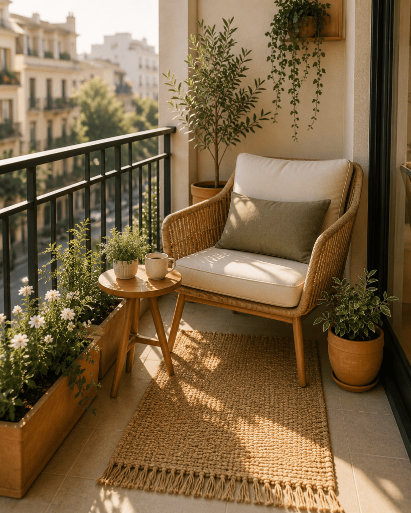 Cozy small apartment balcony with a compact woven chair, outdoor cushions, tiny wooden side table, coffee cup, terracotta planters and lush greenery.