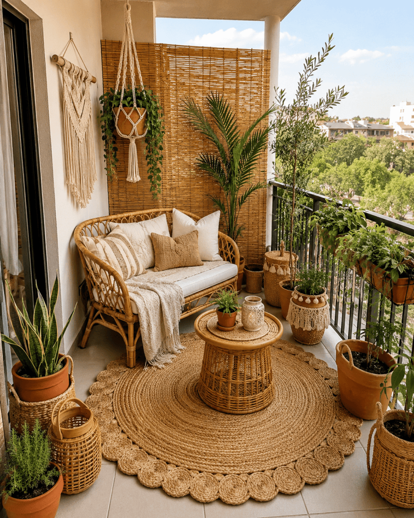 Small boho balcony with rattan furniture, woven jute rug, macramé decor, terracotta planters, natural textures, and lush green plants.
