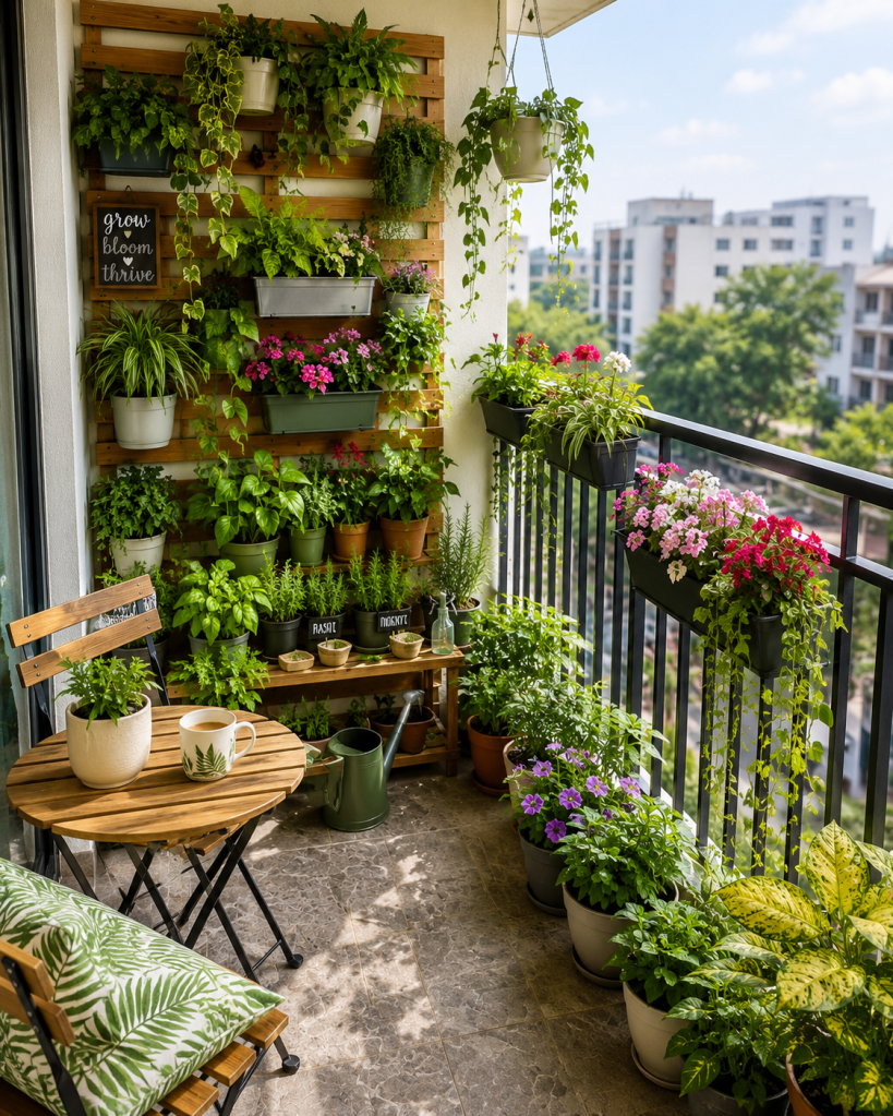 Small apartment balcony with a lush vertical garden, wooden plant wall, hanging greenery, colorful flowers, herbs, and space-saving railing planters.