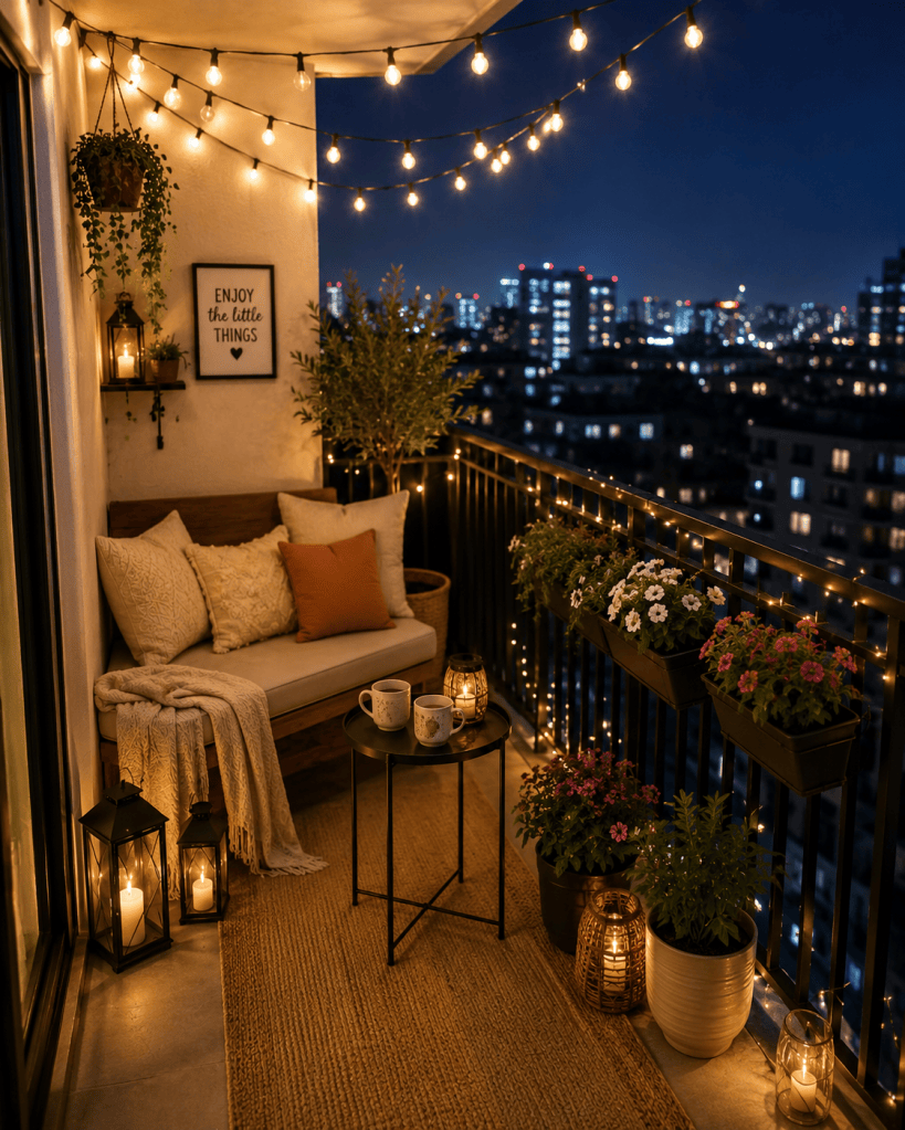 Cozy small apartment balcony at night with warm string lights, lanterns, compact bench seating, soft cushions, and a glowing city view.