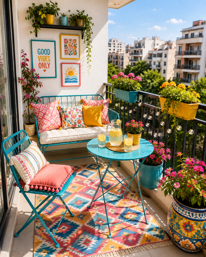 Colorful small apartment balcony with bright outdoor cushions, patterned rug, vibrant planters, compact seating, and cheerful summer decor.