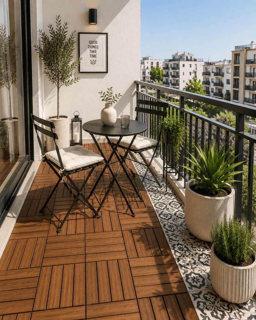 Small modern apartment balcony with warm wooden deck tiles, patterned floor tiles, minimalist black bistro furniture, simple planters, and a bright city view.