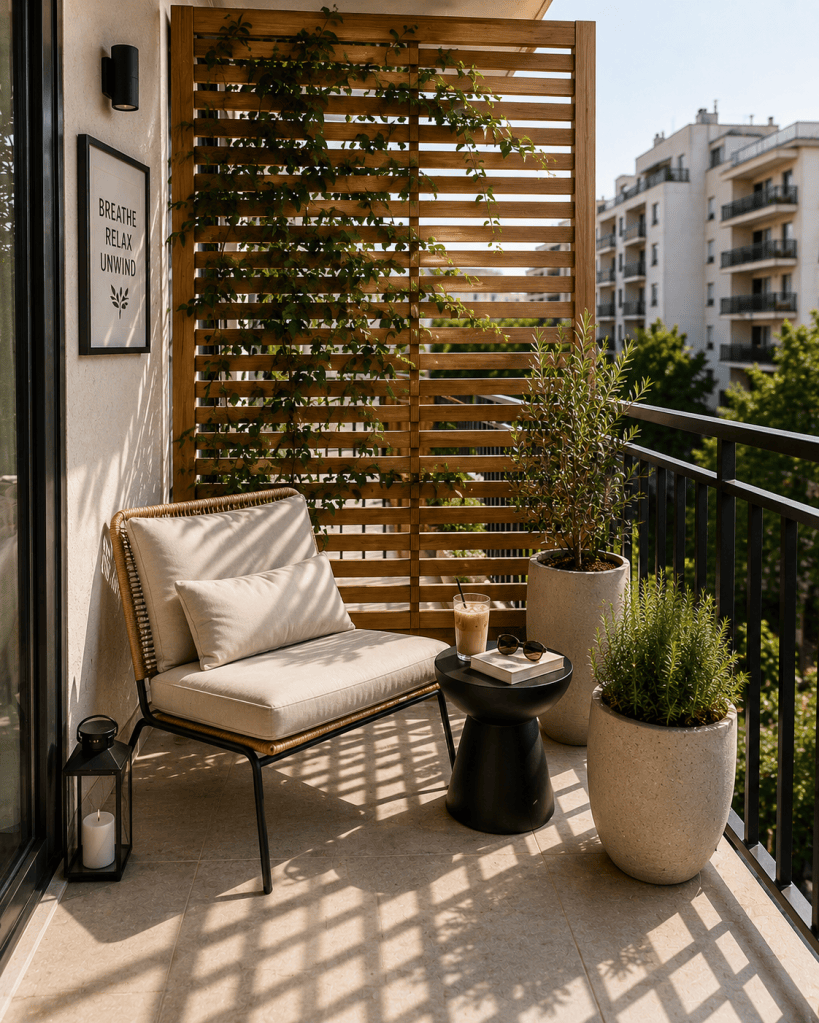 Small apartment balcony with a stylish wooden privacy screen, climbing greenery, modern lounge chair, neutral planters, and peaceful minimalist decor.