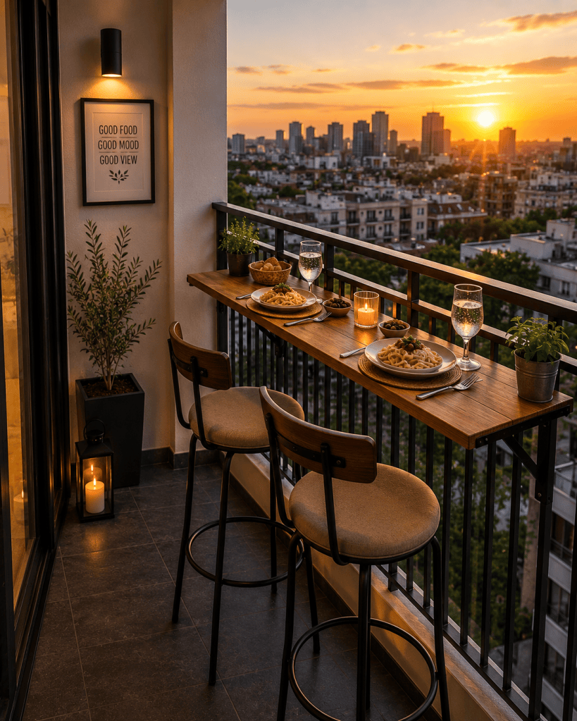 Small apartment balcony with a space-saving railing dining table, two stools, elegant dinner setting, candles, and a sunset city view.