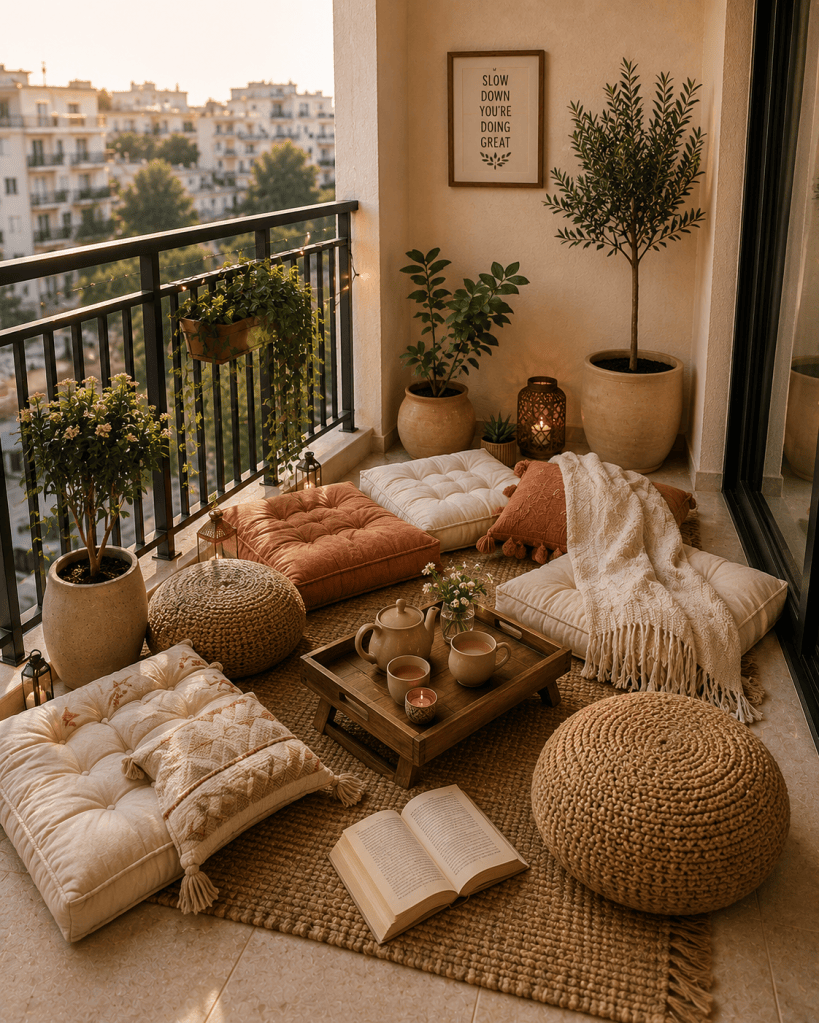 Cozy small balcony with oversized floor cushions, soft poufs, low wooden tray table, neutral textiles, tea, and simple potted plants.