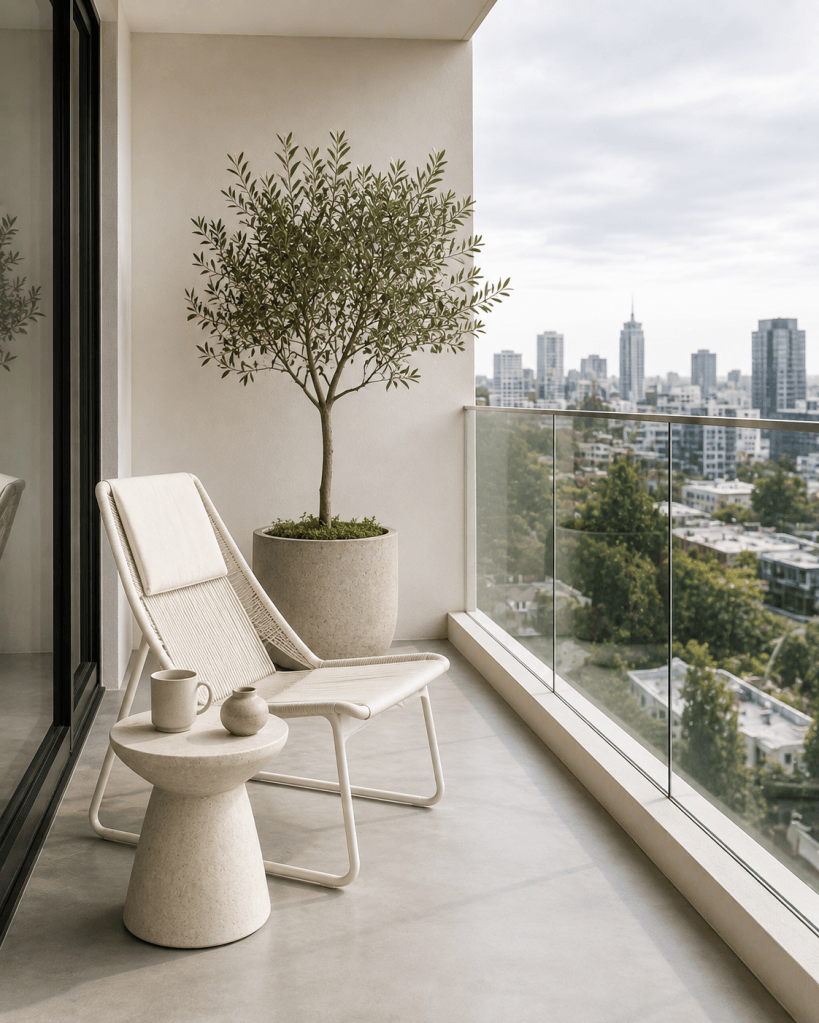 Minimalist small apartment balcony with a modern white chair, sculptural side table, single statement plant, neutral decor, and peaceful open view.