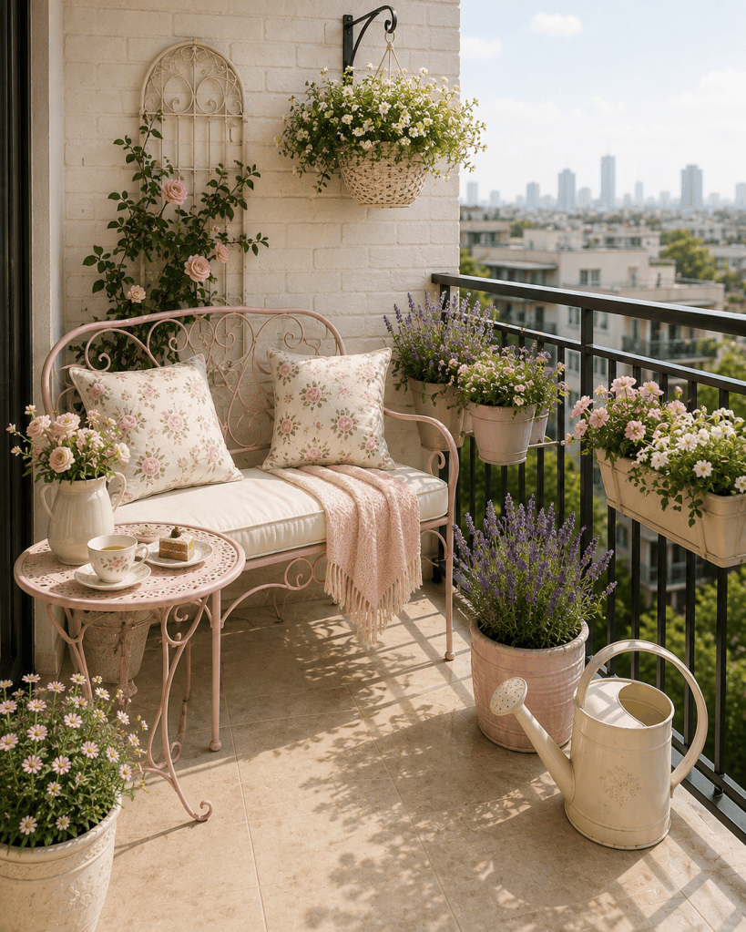 Romantic small apartment balcony with a pastel pink bench, floral cushions, lavender flowers, soft pastel planters, and charming vintage-inspired decor.