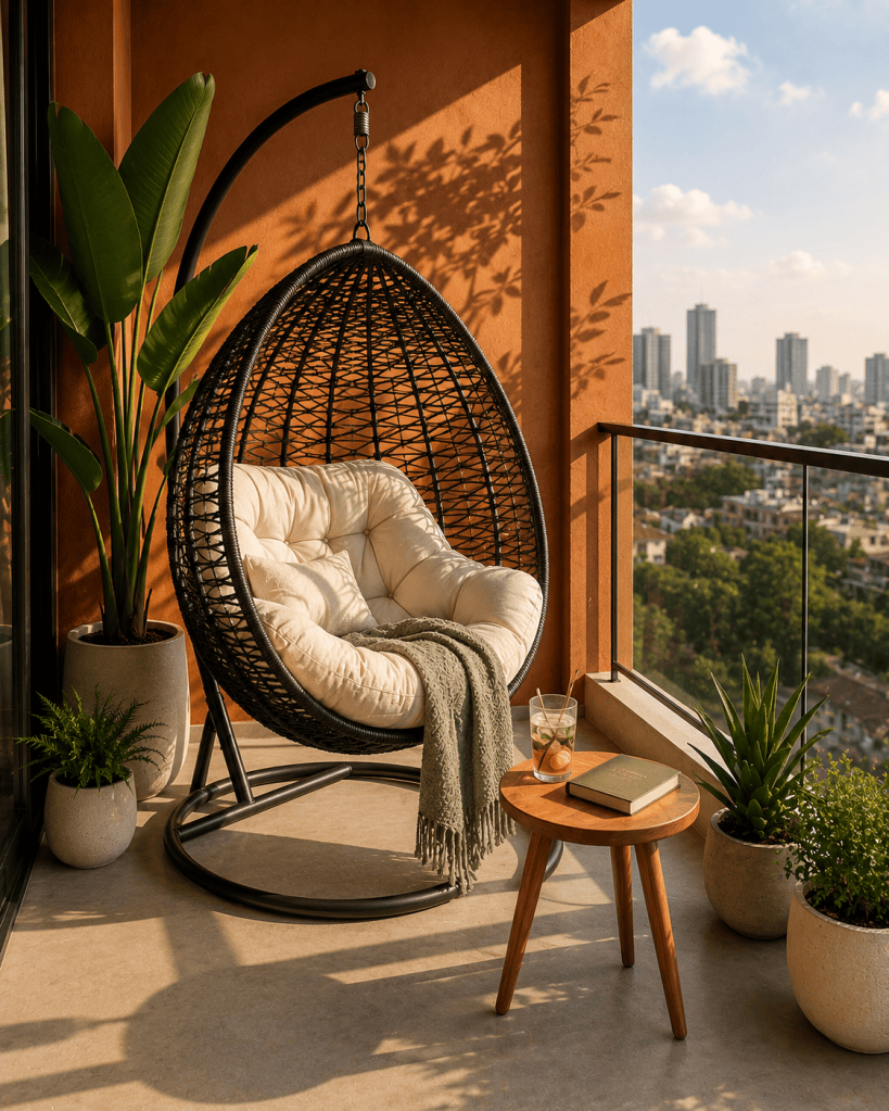 Small apartment balcony with a stylish hanging egg chair, soft cushion, lightweight throw, compact side table, and simple green plants.