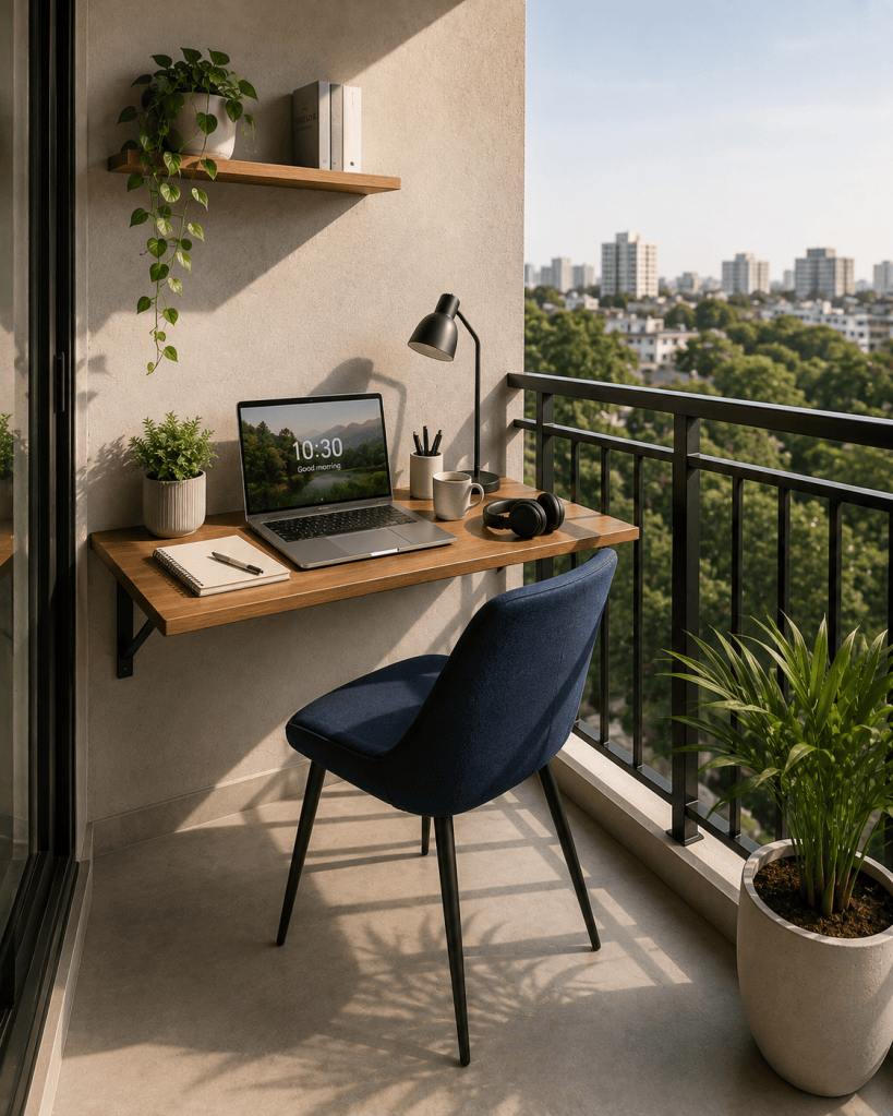 Small apartment balcony home office with a slim wall-mounted desk, laptop, modern chair, coffee cup, notebook, and minimal greenery.