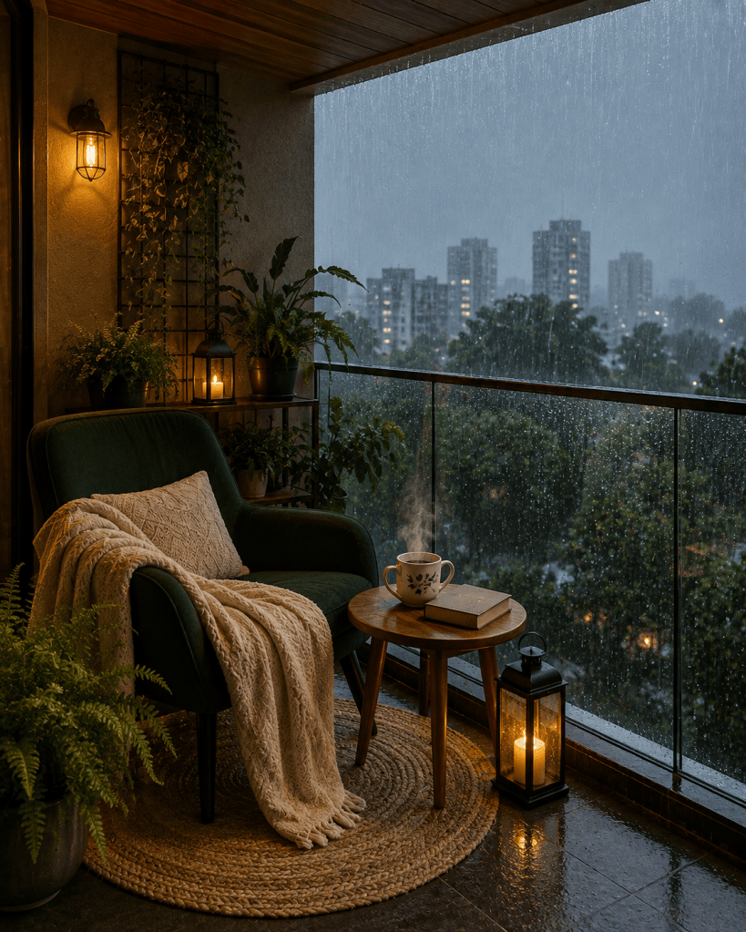 Cozy covered apartment balcony on a rainy day with comfortable seating, warm throw, steaming tea, green plants, and a misty rain-soaked city view.