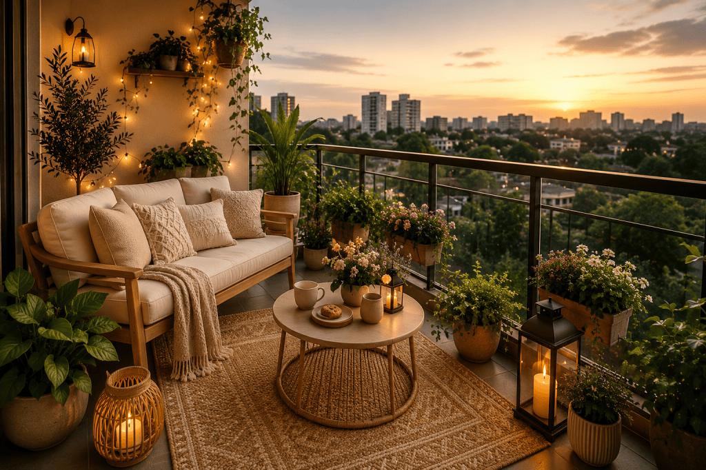 Cozy small apartment balcony with cream seating, lush green plants, warm lanterns, string lights, neutral decor, and a beautiful golden-hour city view.