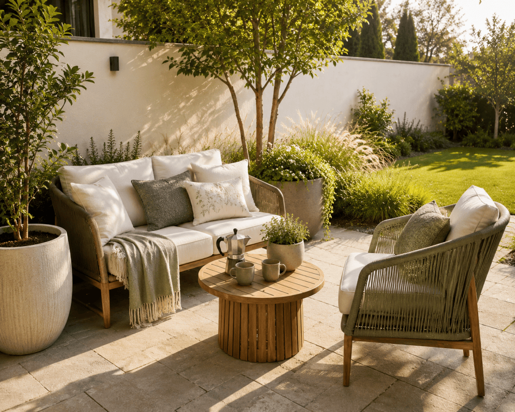 Cozy small patio conversation area with compact outdoor loveseat, accent chair, round coffee table, neutral cushions, and simple potted greenery.