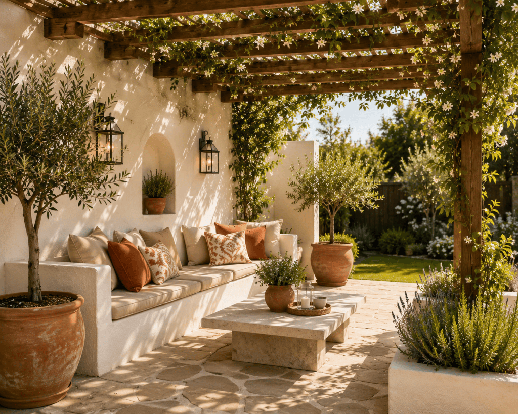 Small backyard patio with a wooden pergola, climbing greenery, compact outdoor sofa, neutral cushions, coffee table, and stylish shaded seating.