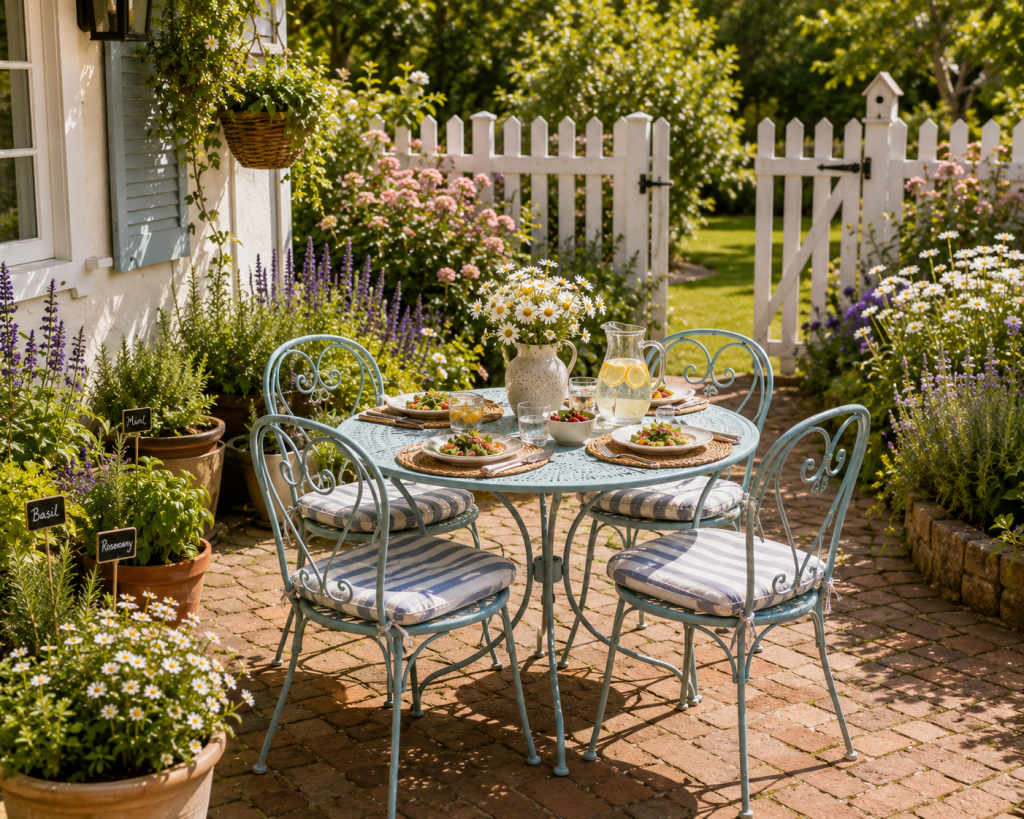 Charming small patio dining nook with a round outdoor table, four compact chairs, fresh flowers, herbs, and a cottage-style garden setting.