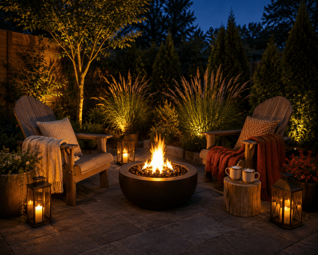 Cozy small backyard patio at dusk with a compact fire pit, two comfortable outdoor chairs, warm blankets, lanterns, and surrounding greenery.