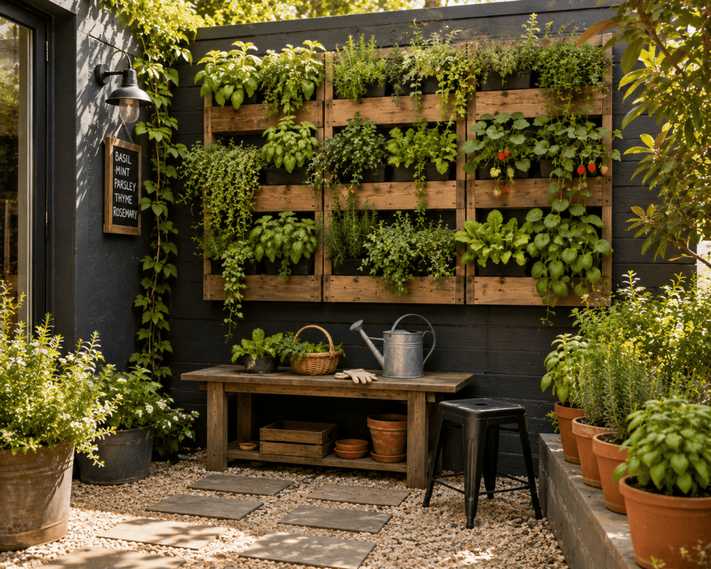 Small patio with a lush vertical garden wall, herbs, trailing plants, compact wooden bench, watering can, and space-saving garden decor.