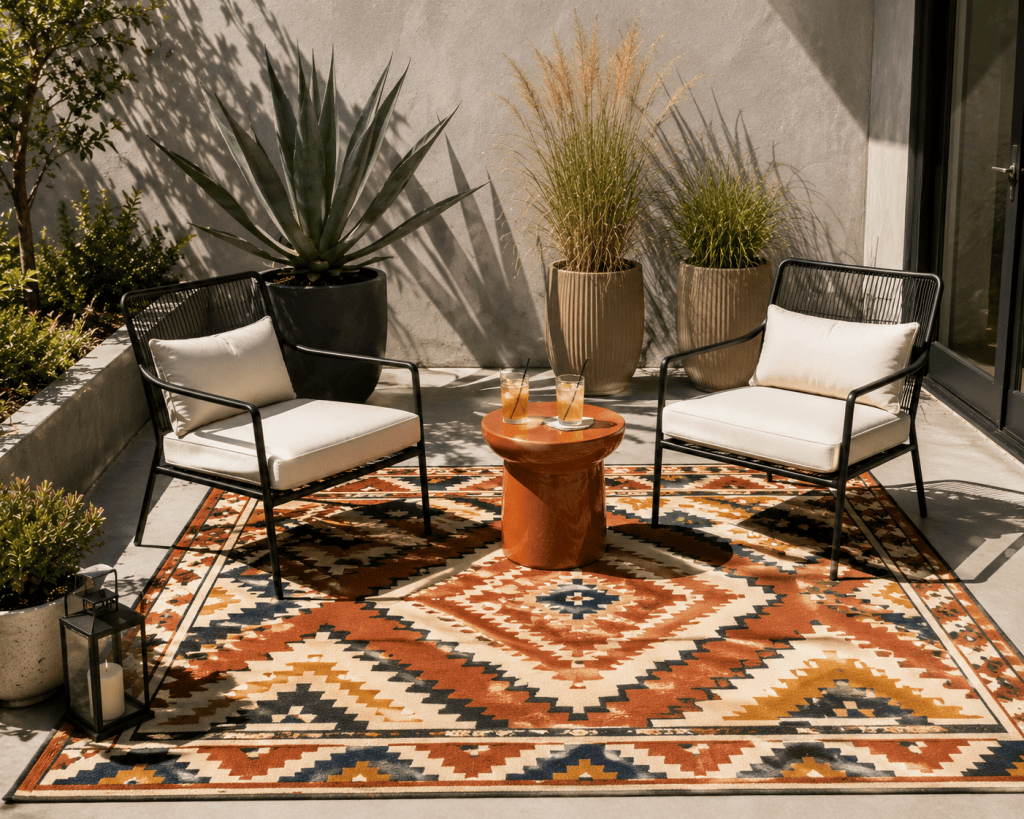 Stylish small patio with a bold patterned outdoor rug, simple black lounge chairs, compact side table, neutral planters, and modern garden decor.
