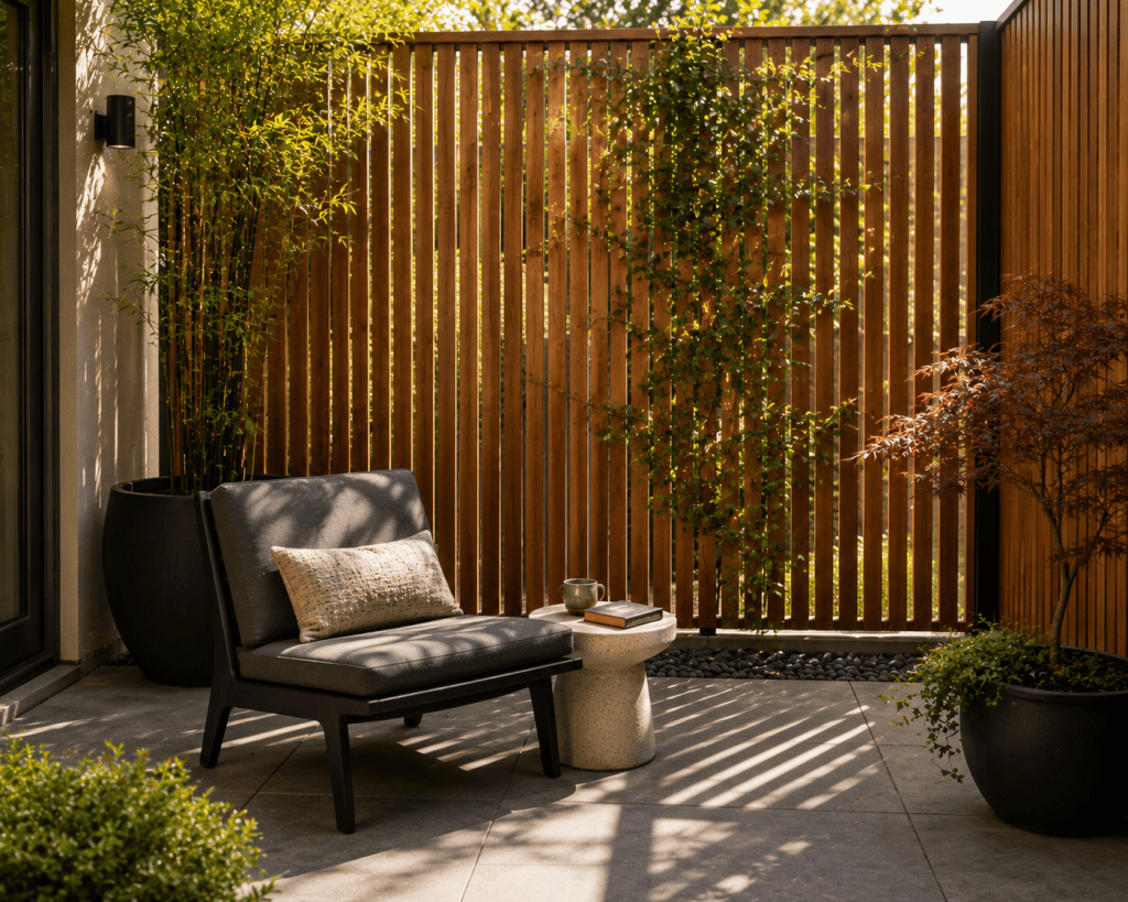 Private small patio with a modern wooden slatted screen, comfortable lounge chair, climbing greenery, simple planters, and minimalist outdoor decor.