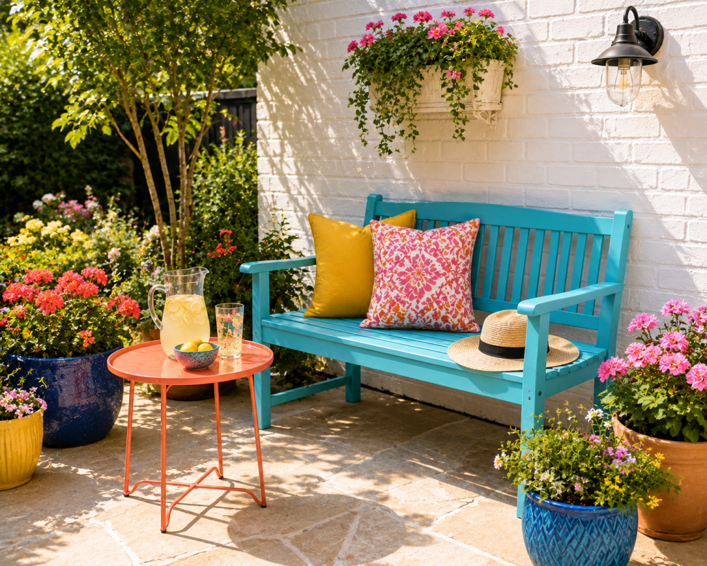 Colorful small backyard patio with turquoise painted bench, coral side table, bright cushions, colorful planters, and cheerful garden decor.