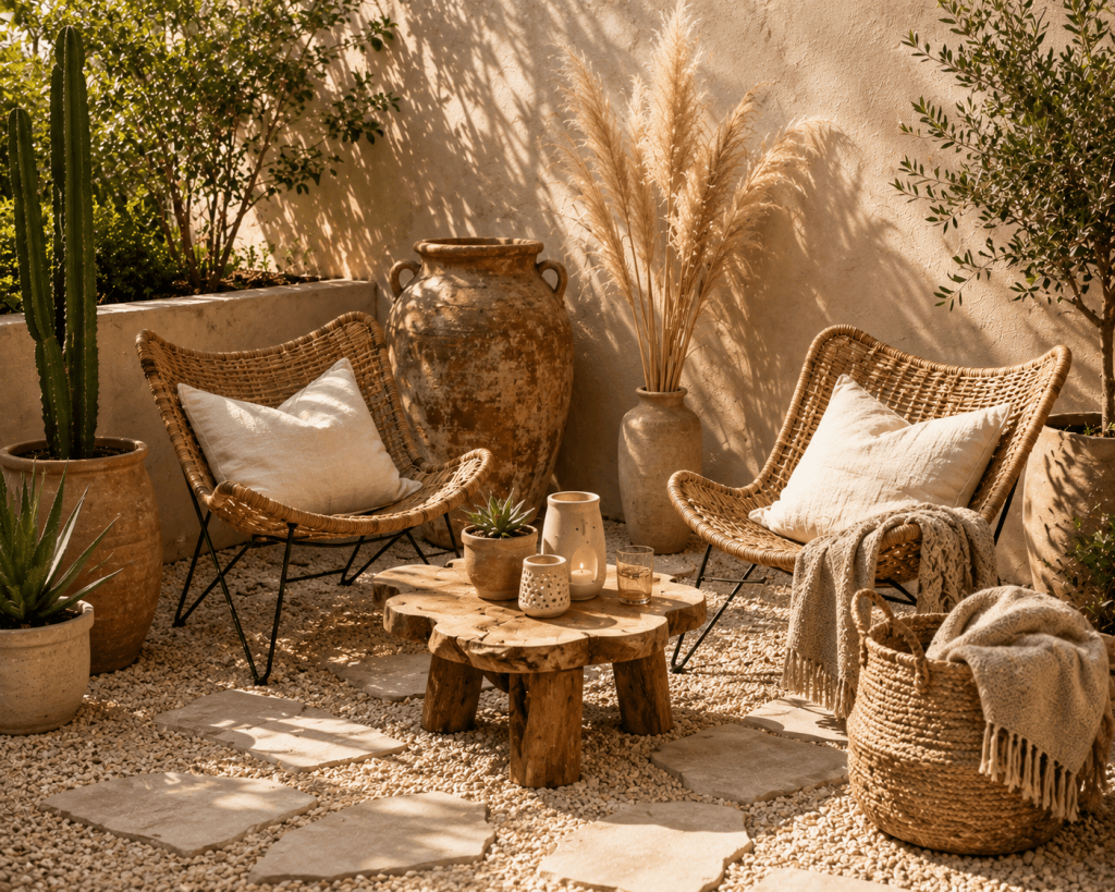 Relaxed boho small patio with woven rattan chairs, neutral linen cushions, natural wood table, terracotta planters, and warm textured outdoor decor.