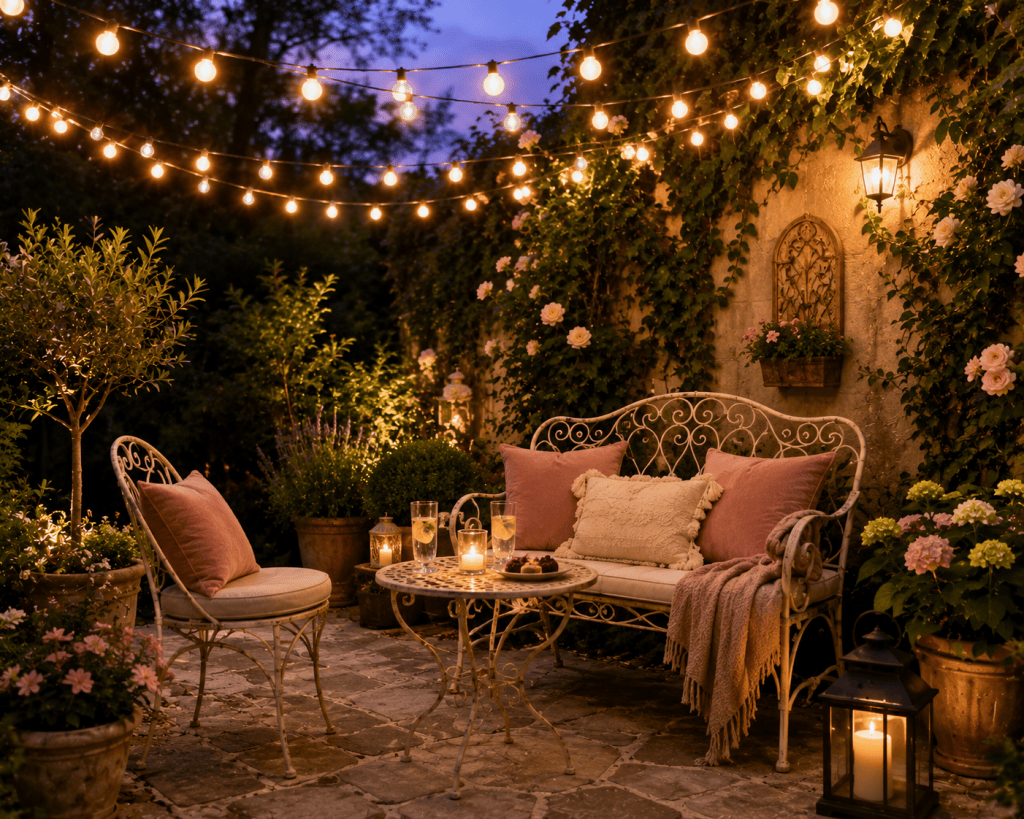 Romantic small backyard patio at twilight with warm string lights overhead, compact seating, small table, soft cushions, and cozy evening garden decor.